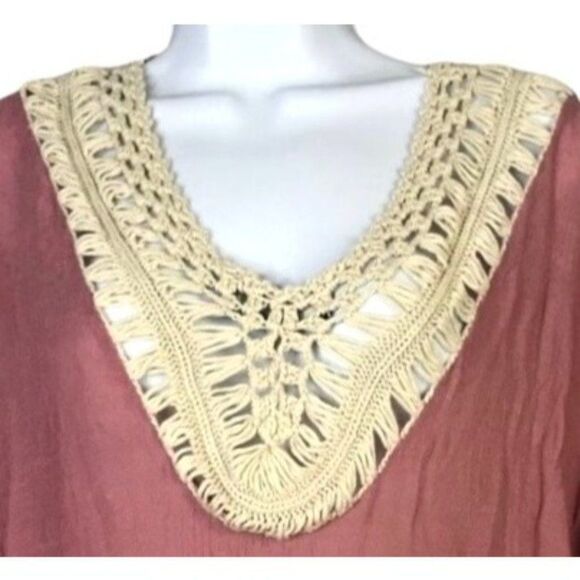 Highness Boho Crochet Detail Cover Up Top Short Kaftan Poncho Pink OS Swim Pool - Picture 3 of 5